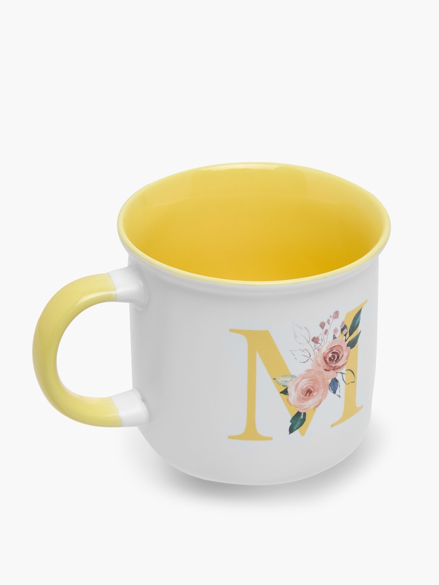 Floral Print Bone China Mug with Initial M - 355 ml