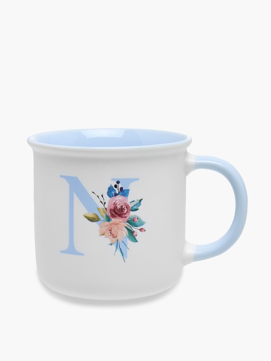 Floral Print Bone China Mug with Initial N - 355 ml