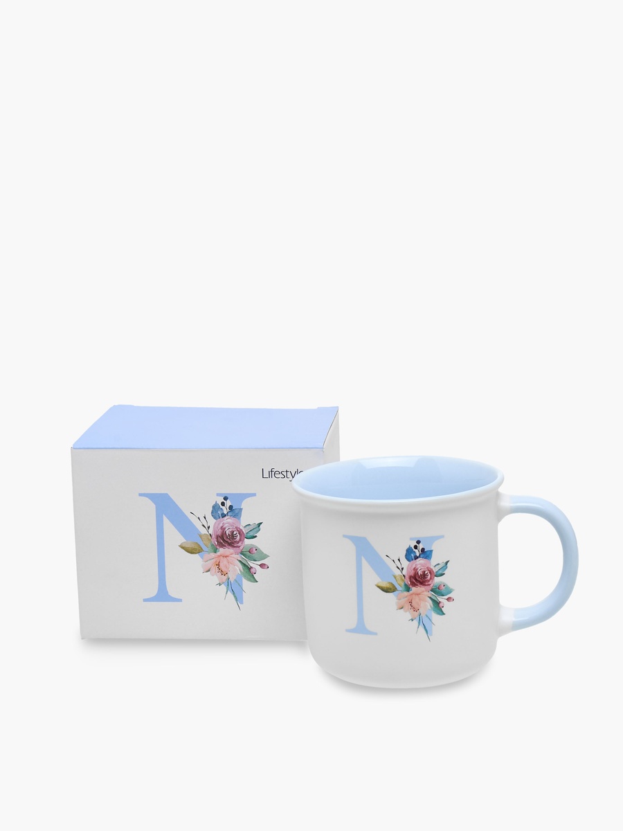 Floral Print Bone China Mug with Initial N - 355 ml