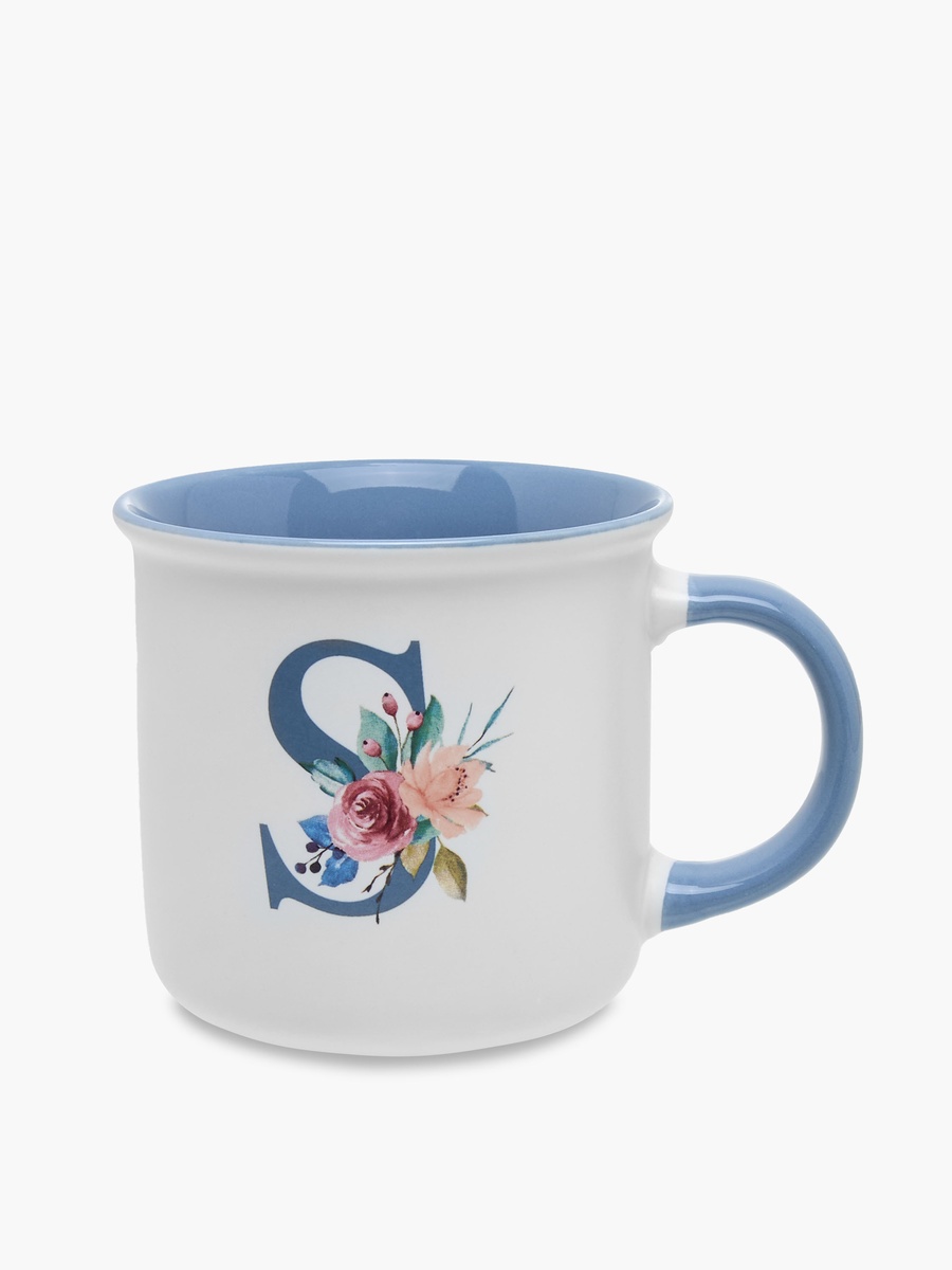 Floral Print Bone China Mug with Initial S - 355 ml