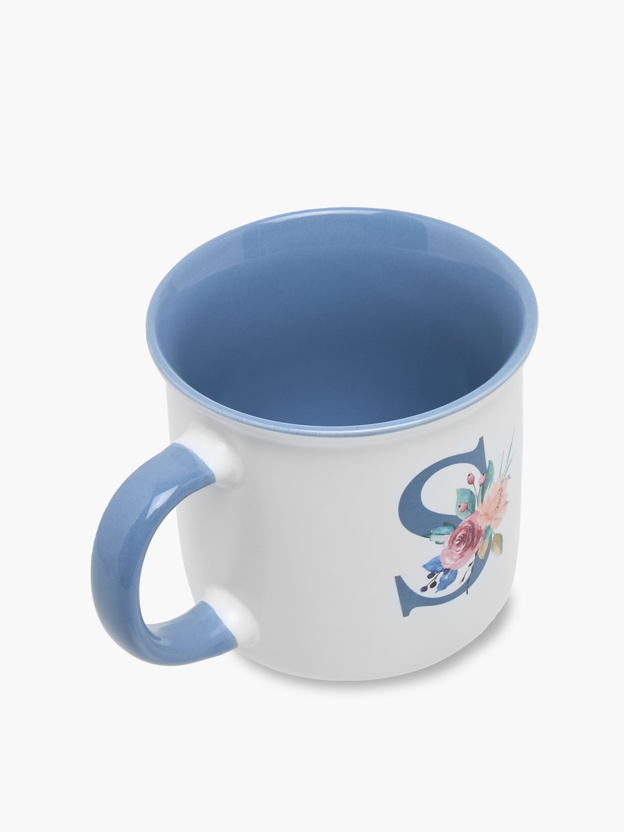Floral Print Bone China Mug with Initial S - 355 ml