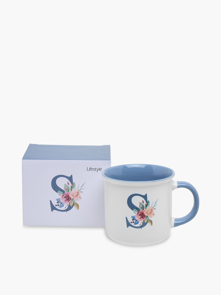 Floral Print Bone China Mug with Initial S - 355 ml