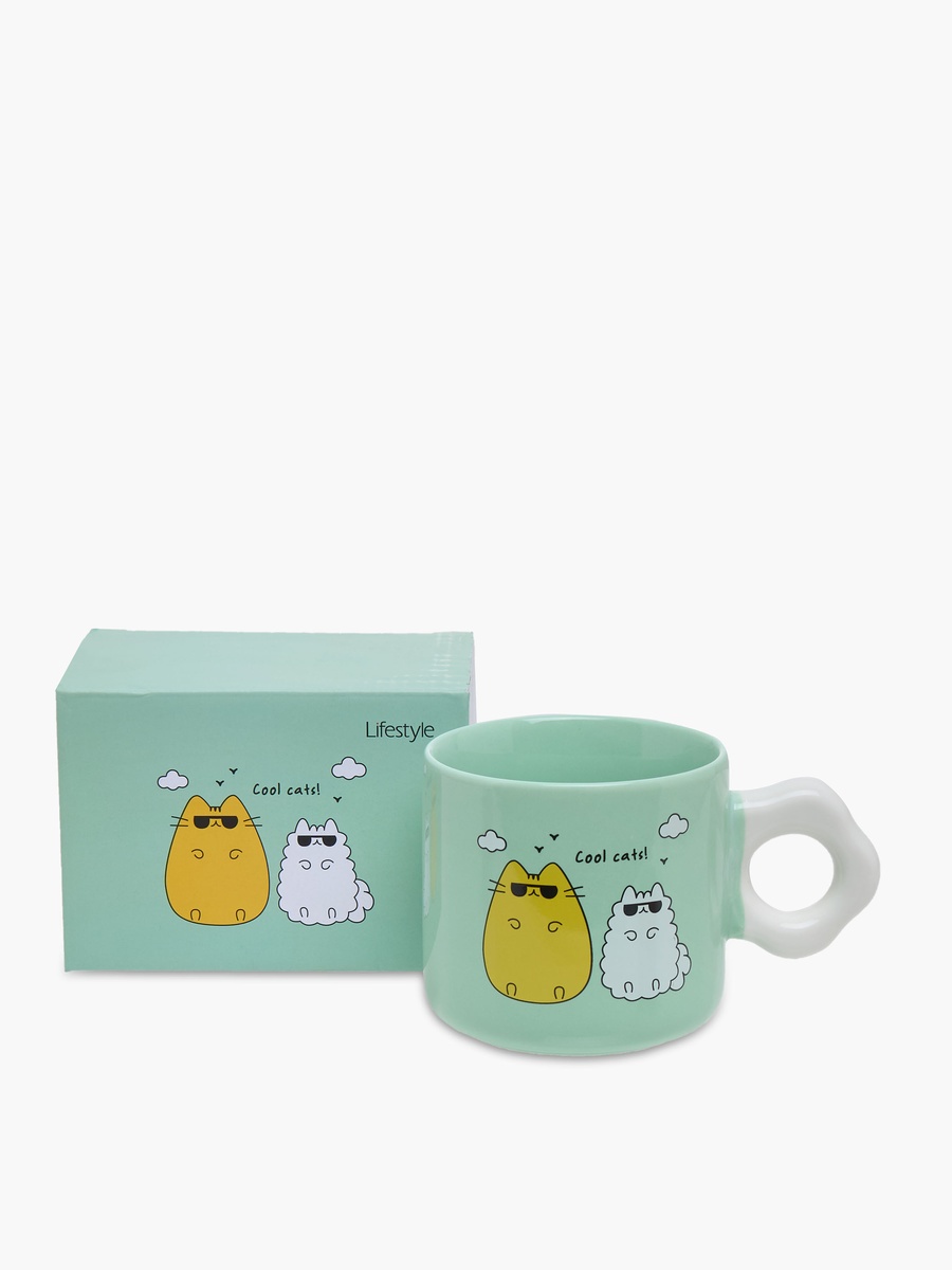 Cat Graphic Print Bone China Mug with Curvy Handle - 320 ml
