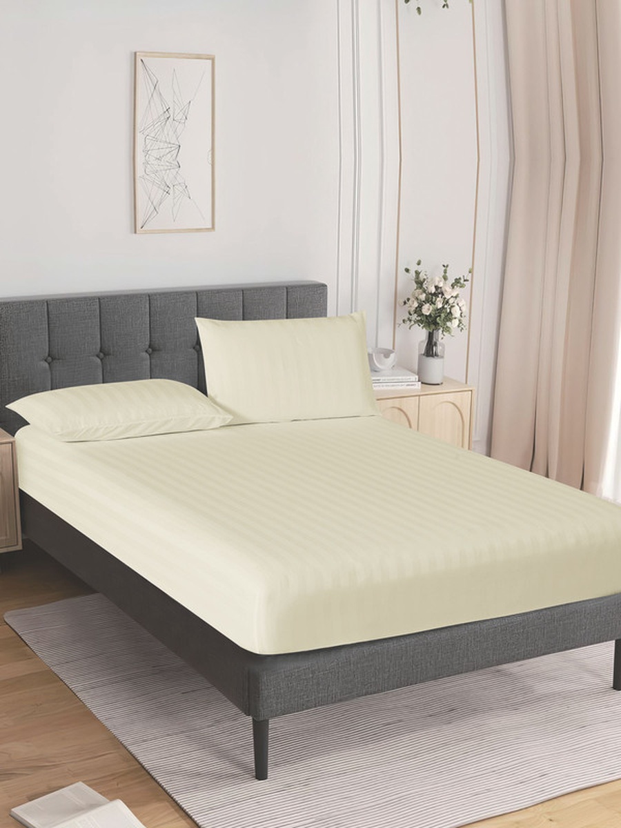 Striped Fitted Sheet Set, 200x200 cm - Super King Fitted Sheet and Pillowcases, Cream