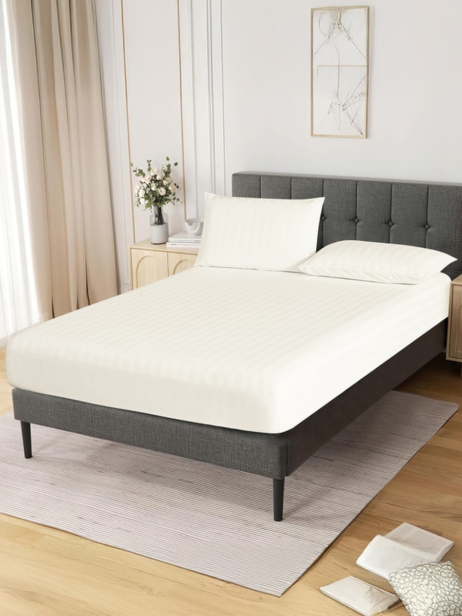 Striped Fitted Sheet Set, 200x200 cm - Super King Fitted Sheet and Pillowcases, Off White
