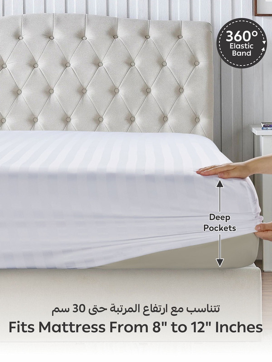 Striped Fitted Sheet Set, 120x200 cm - Twin Fitted Sheet and Pillowcase, White