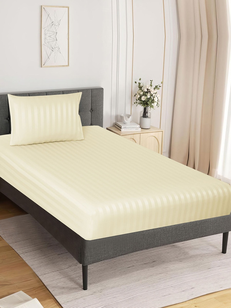 Striped Fitted Sheet Set, 120x200 cm - Twin Fitted Sheet and Pillowcase, Cream