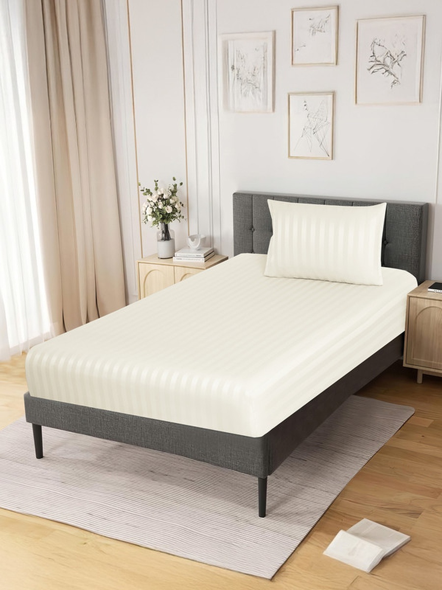 Striped Fitted Sheet Set, 120x200 cm - Twin Fitted Sheet and Pillowcase, Off White