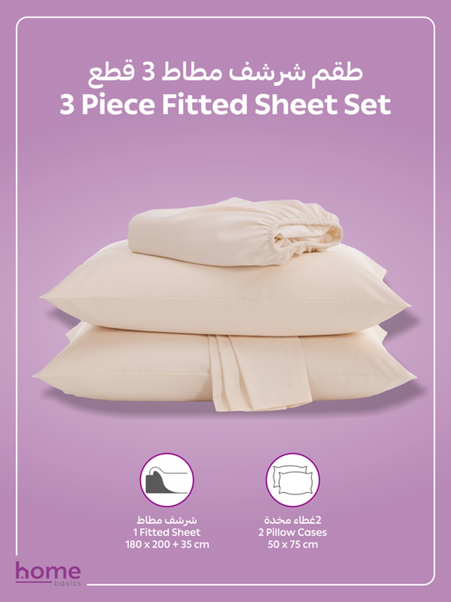 Fitted Sheet Set, 180x200 cm - King Size Sheet and Pillowcases, Pink