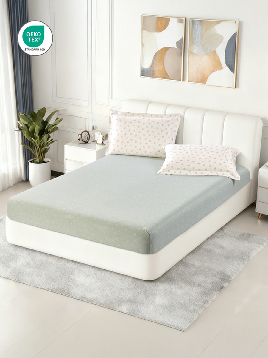 3-Piece King Printed Fitted Sheet 200x200 cm - OEKO-TEX Certified, Misty Jade Color