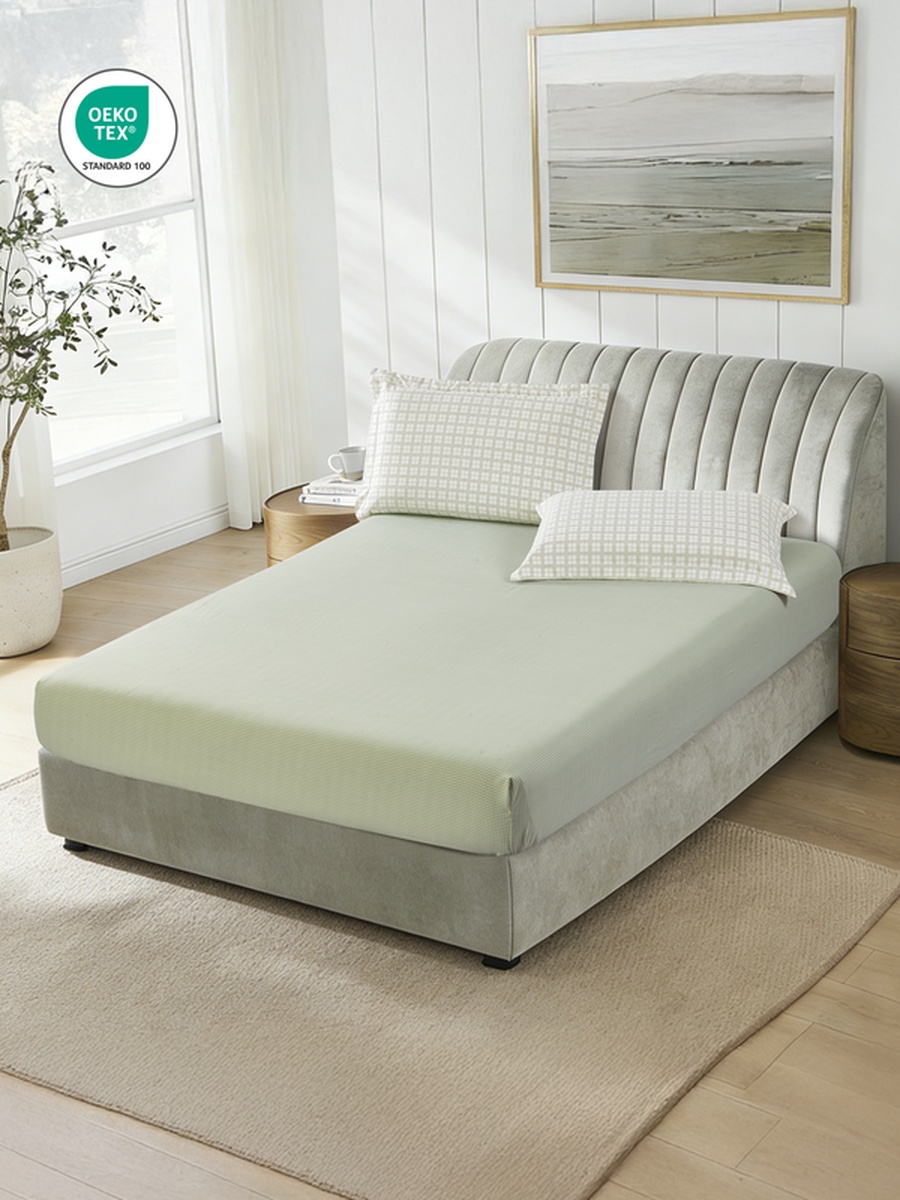 3-Piece King Printed Fitted Sheet 200x200 cm - OEKO-TEX Certified, Green