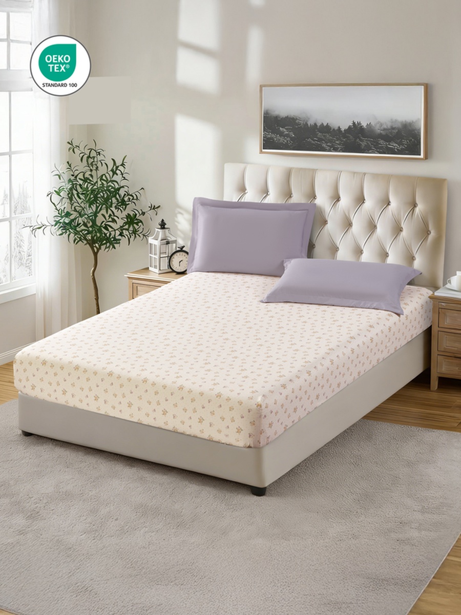 3-Piece King Printed Fitted Sheet 200x200 cm - OEKO-TEX Certified, Cream