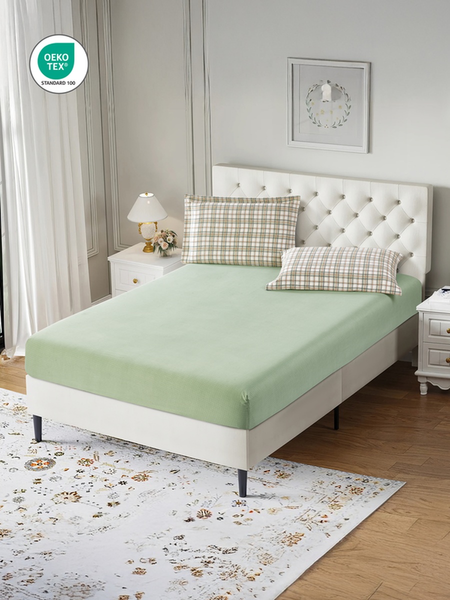 3-Piece Queen Printed Fitted Sheet 180x200 cm - OEKO-TEX Certified, Green