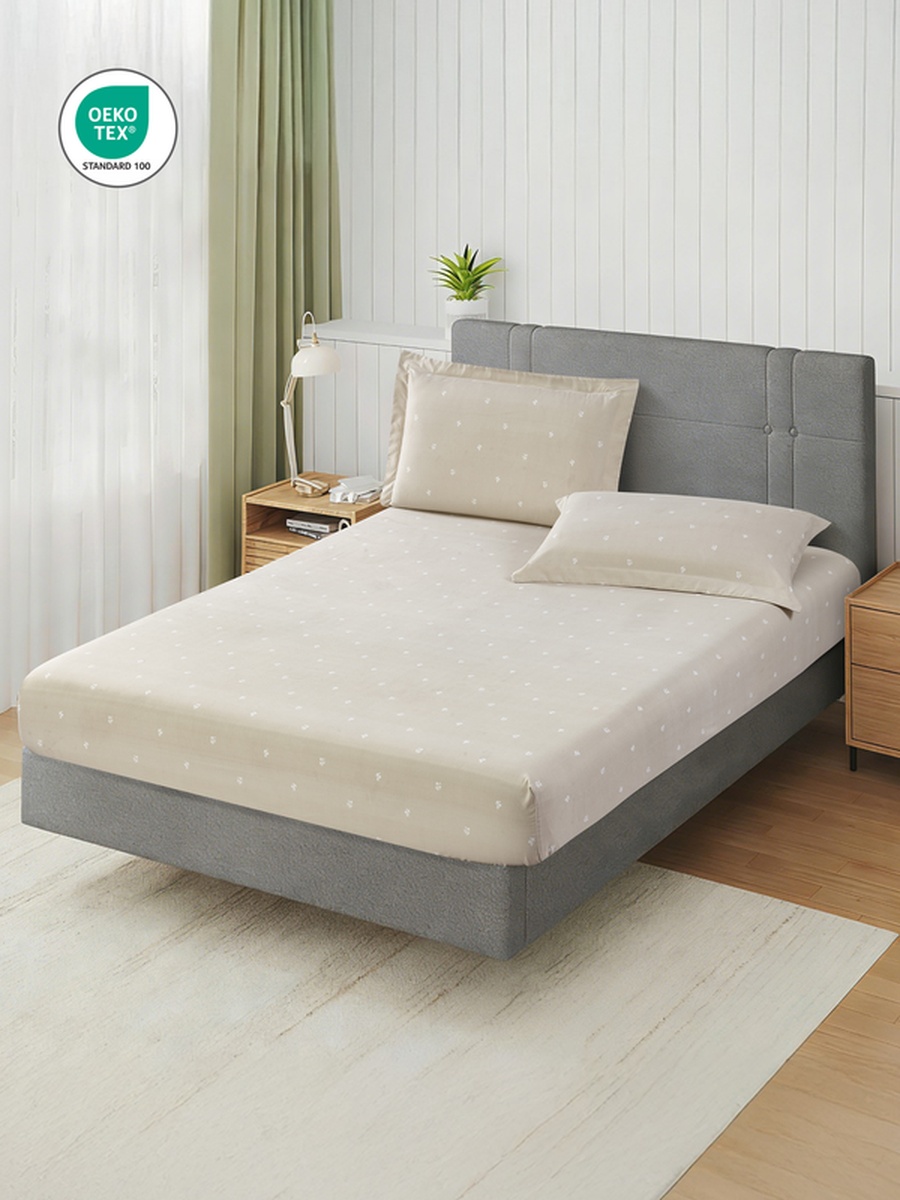 3-Piece Queen Printed Fitted Sheet 180x200 cm - OEKO-TEX Certified, Nude Color