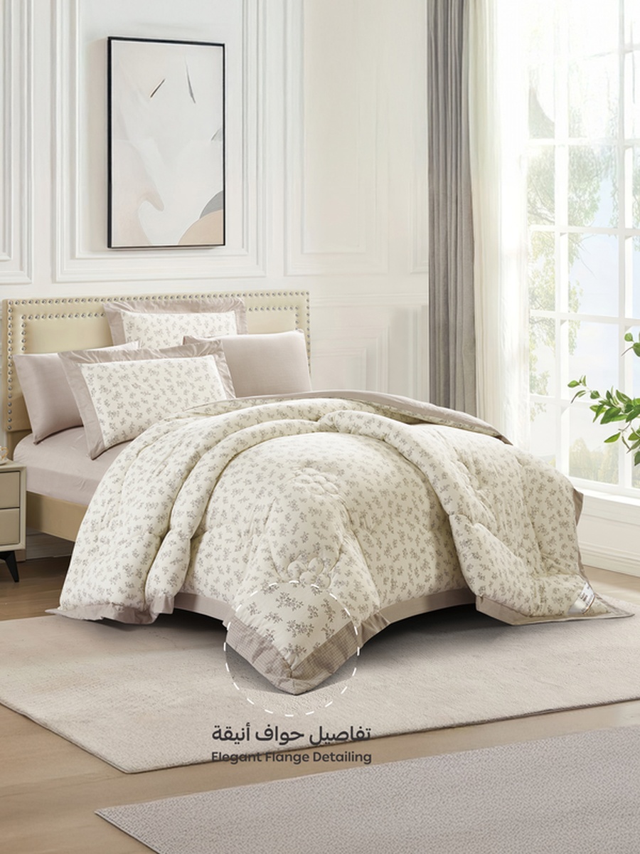 6-Piece King Comforter Set Fits 200x200cm Bed Reversible Printed with Solid Flange, 350 GSM Filling
, Grey