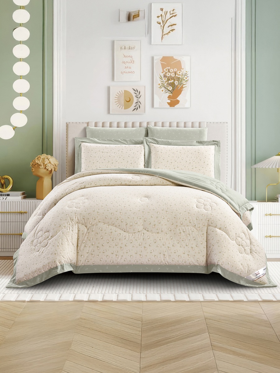 6-Piece King Comforter Set Fits 200x200cm Bed Reversible Printed with Solid Flange, 350 GSM Filling
, Beige