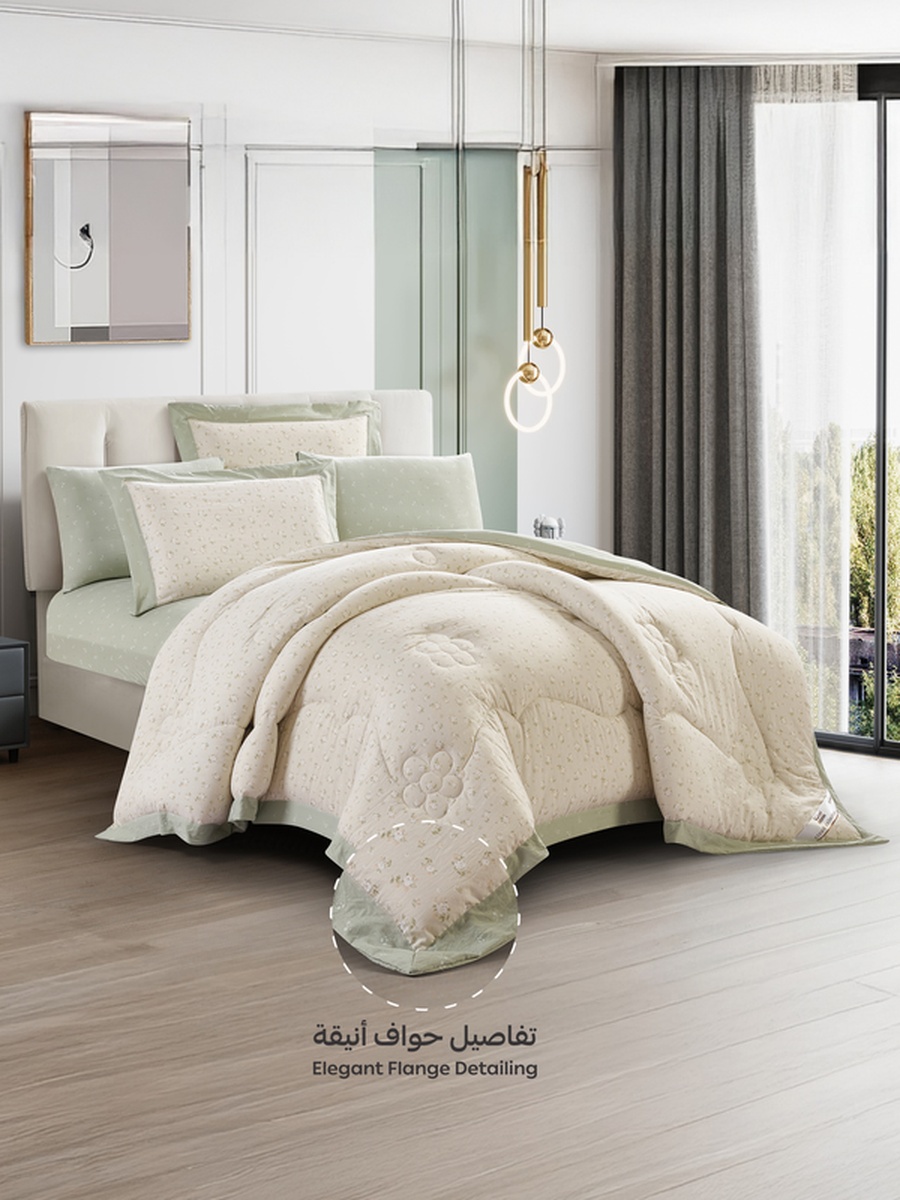 6-Piece King Comforter Set Fits 200x200cm Bed Reversible Printed with Solid Flange, 350 GSM Filling
, Beige
