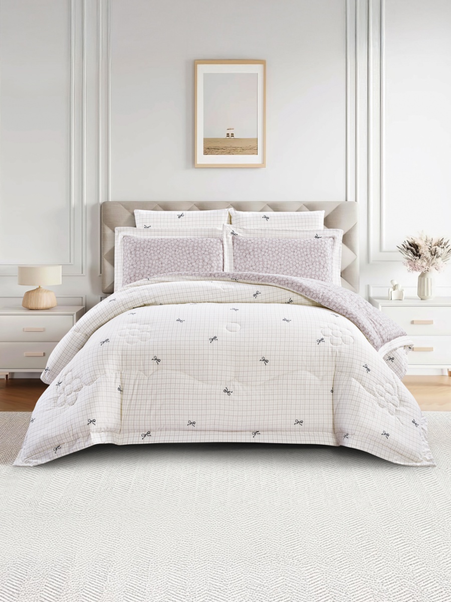 6-Piece King Comforter Set Fits 200x200cm Bed Reversible Printed with Solid Flange, 350 GSM Filling
, Lilac
