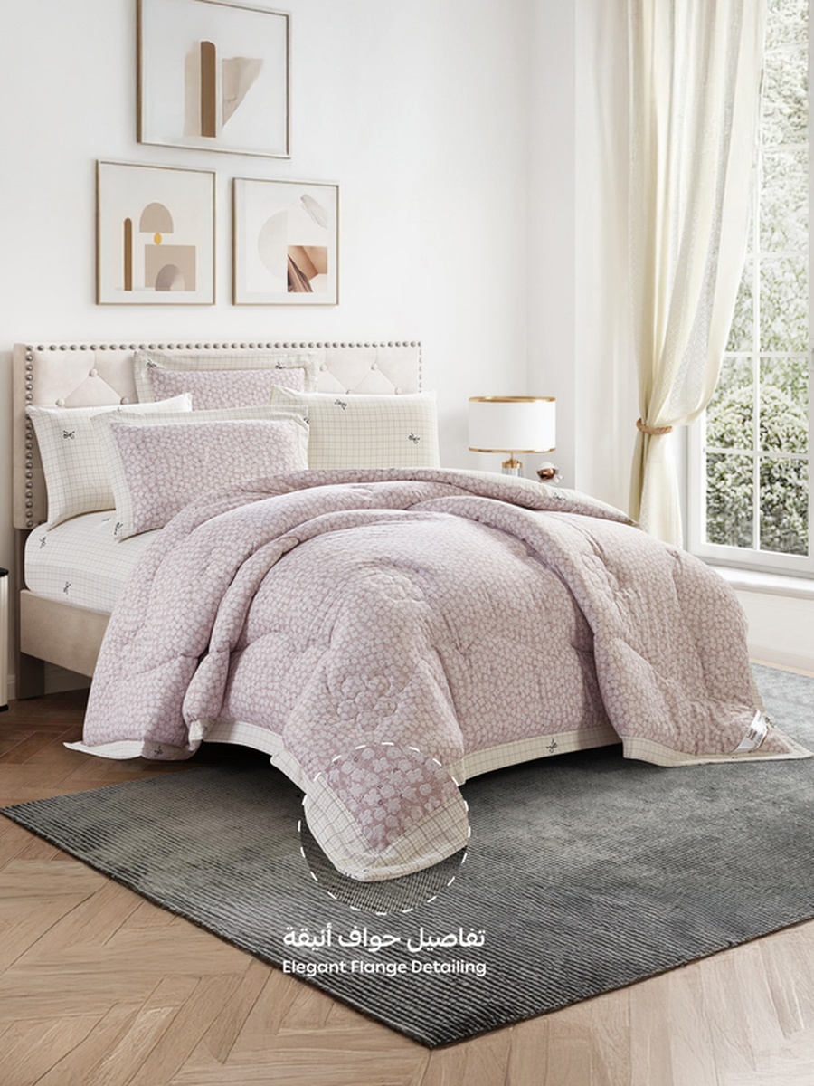 6-Piece King Comforter Set Fits 200x200cm Bed Reversible Printed with Solid Flange, 350 GSM Filling
, Lilac