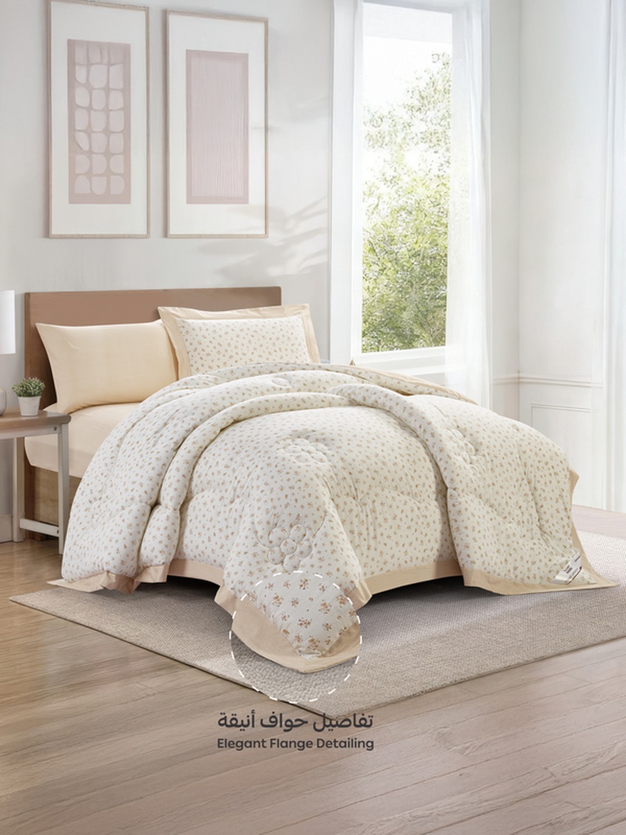 4-Piece Single Comforter Set Fits 140x200cm Bed Reversible Printed with Solid Flange, 350 GSM Filling, Cream