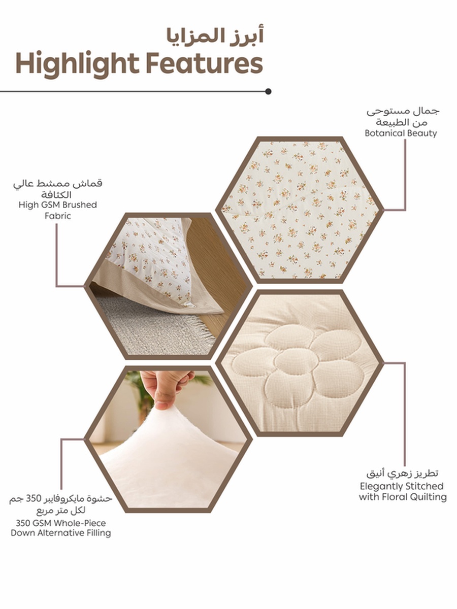 4-Piece Single Comforter Set Fits 140x200cm Bed Reversible Printed with Solid Flange, 350 GSM Filling, Cream