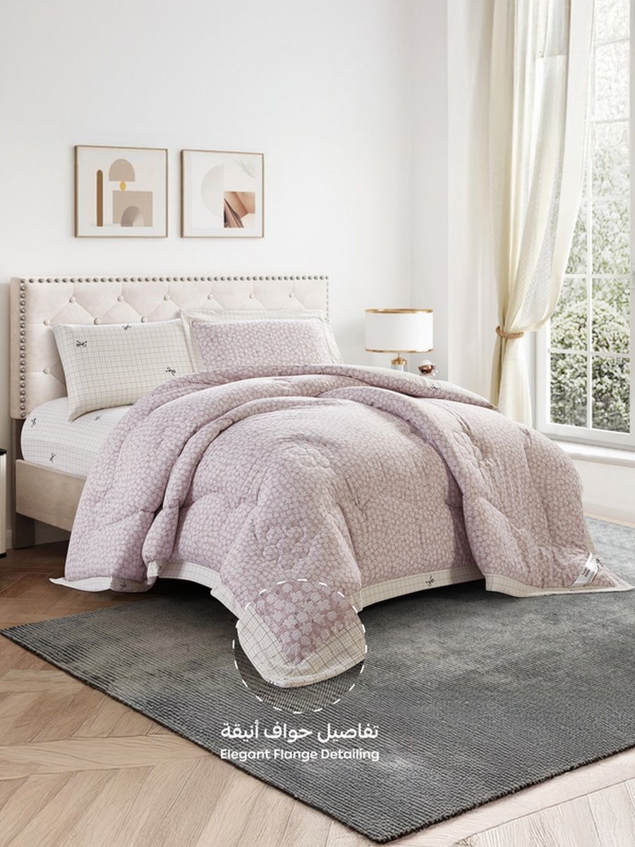 4-Piece Single Comforter Set Fits 140x200cm Bed Reversible Printed with Solid Flange, 350 GSM Filling, Lilac