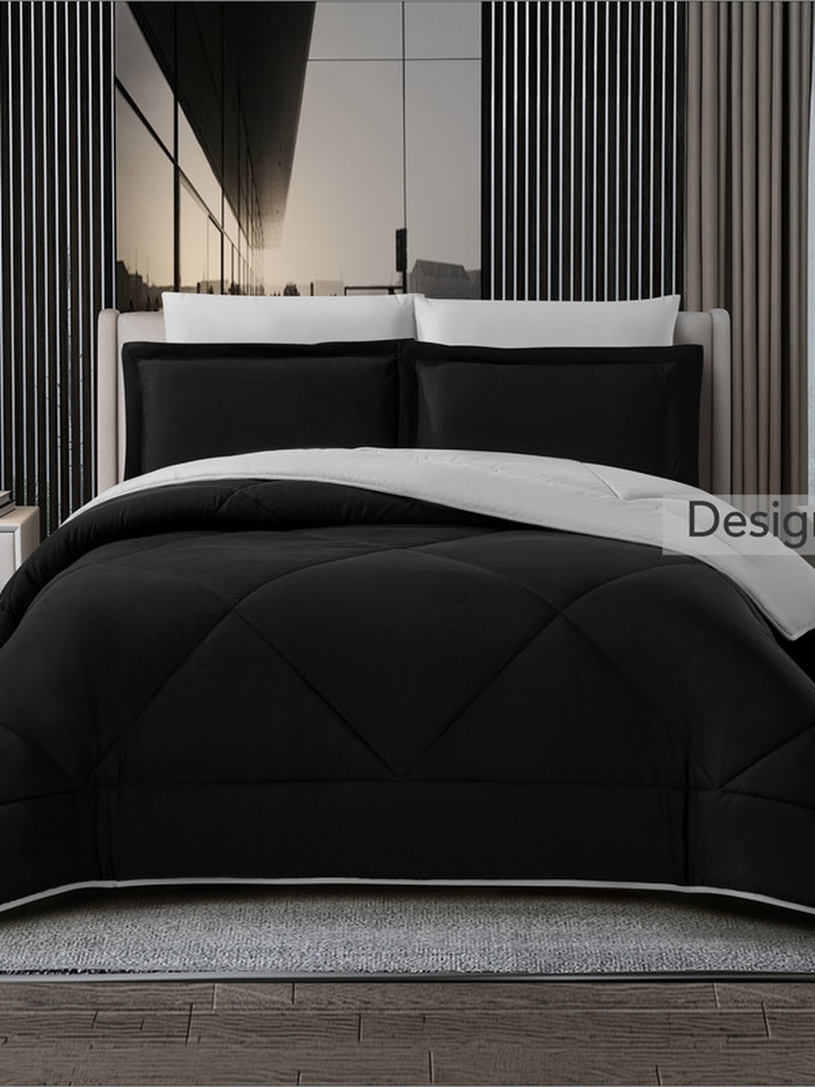 6-Piece Comforter Set -King Size 260x240 Cm, Microfiber, Solid Quilted 350 Gsm Filling, Black
