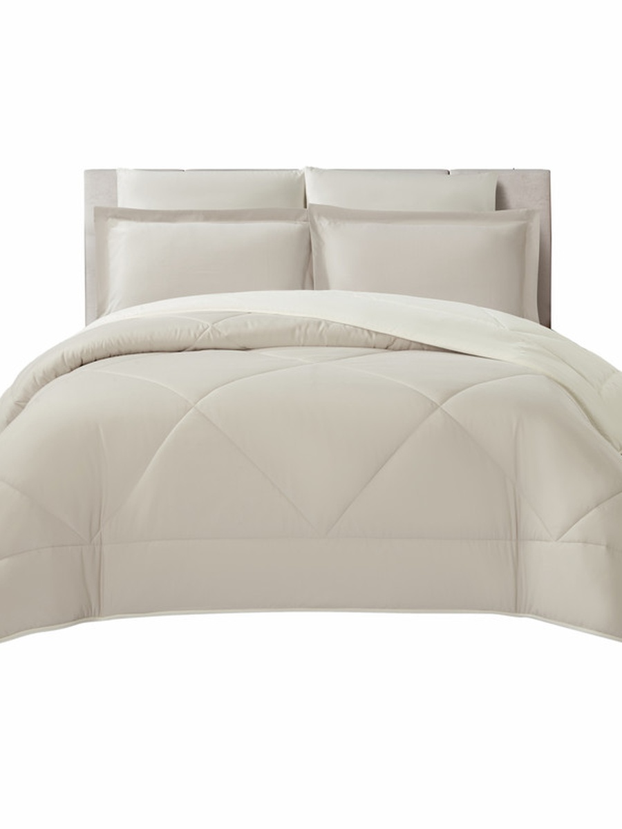 6-Piece Comforter Set -King Size 260x240 Cm, Microfiber, Solid Quilted 350 Gsm Filling, Beige
