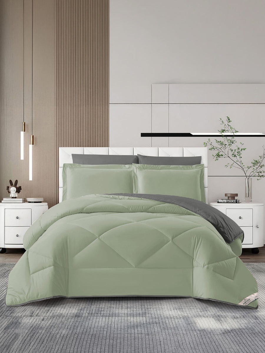 6-Piece Comforter Set -King Size 260x240 Cm, Microfiber, Solid Quilted 350 Gsm Filling, Green