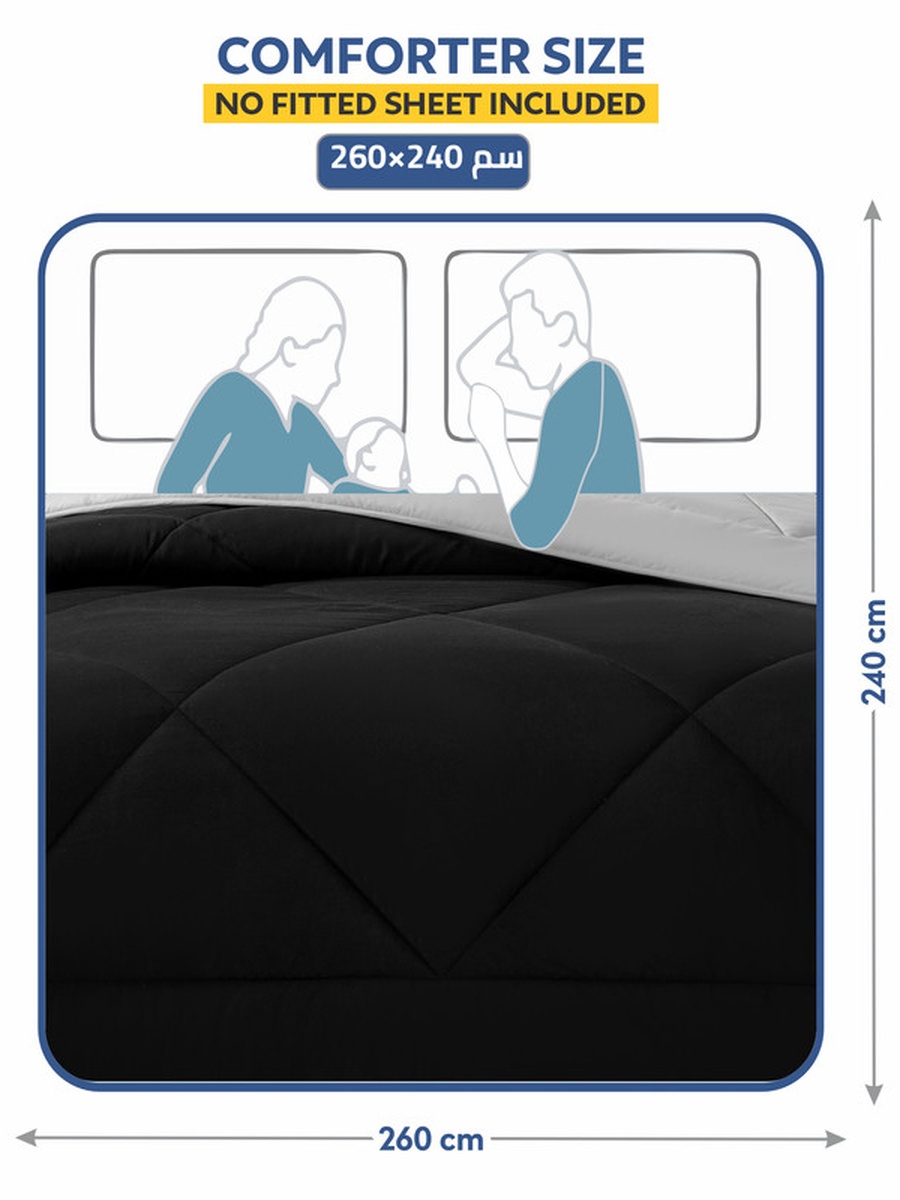 3-Piece Comforter Set -King Size 260x240 cm, Microfiber, Solid Quilted 350 Gsm Filling, Black