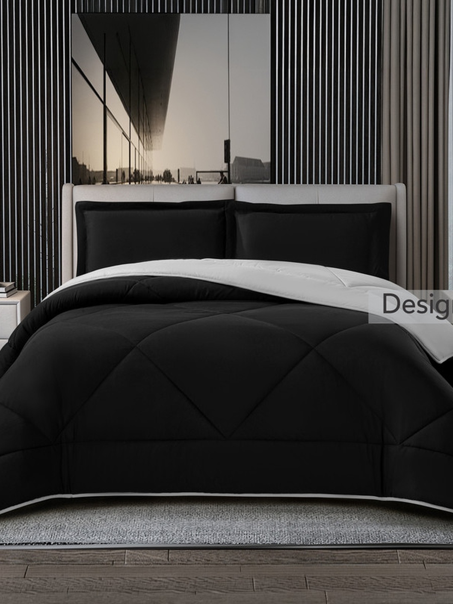 3-Piece Comforter Set -King Size 260x240 cm, Microfiber, Solid Quilted 350 Gsm Filling, Black