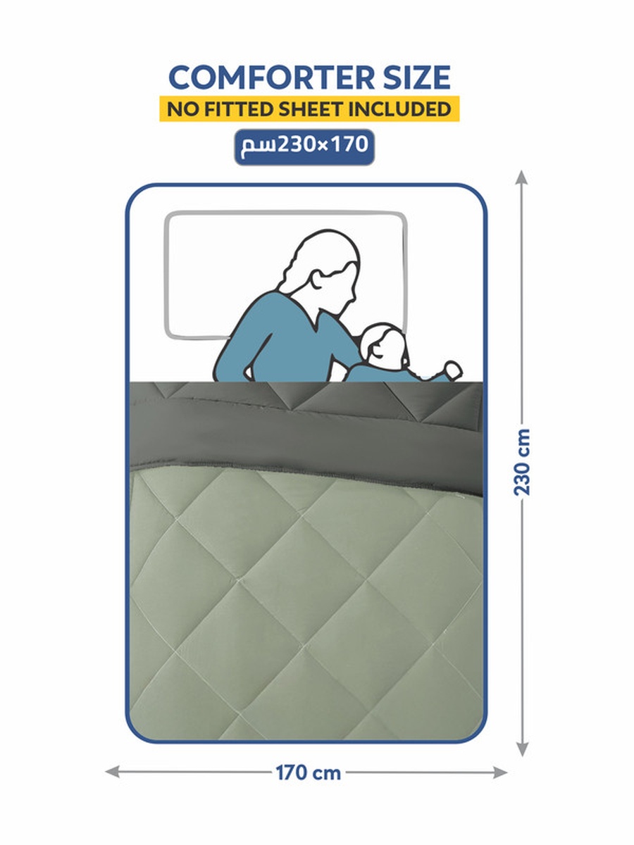 2-Piece Comforter Set -Single Size 170x230 cm, Microfiber, Solid Quilted 350 Gsm Filling, Green