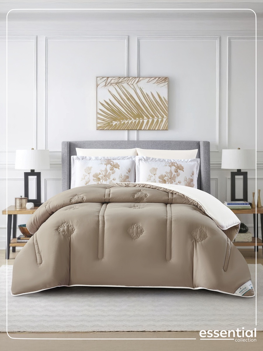 6-Piece Comforter Set -King Size 260x240 Cm, Microfiber, Digital Quilted 350 Gsm Filling, Beige