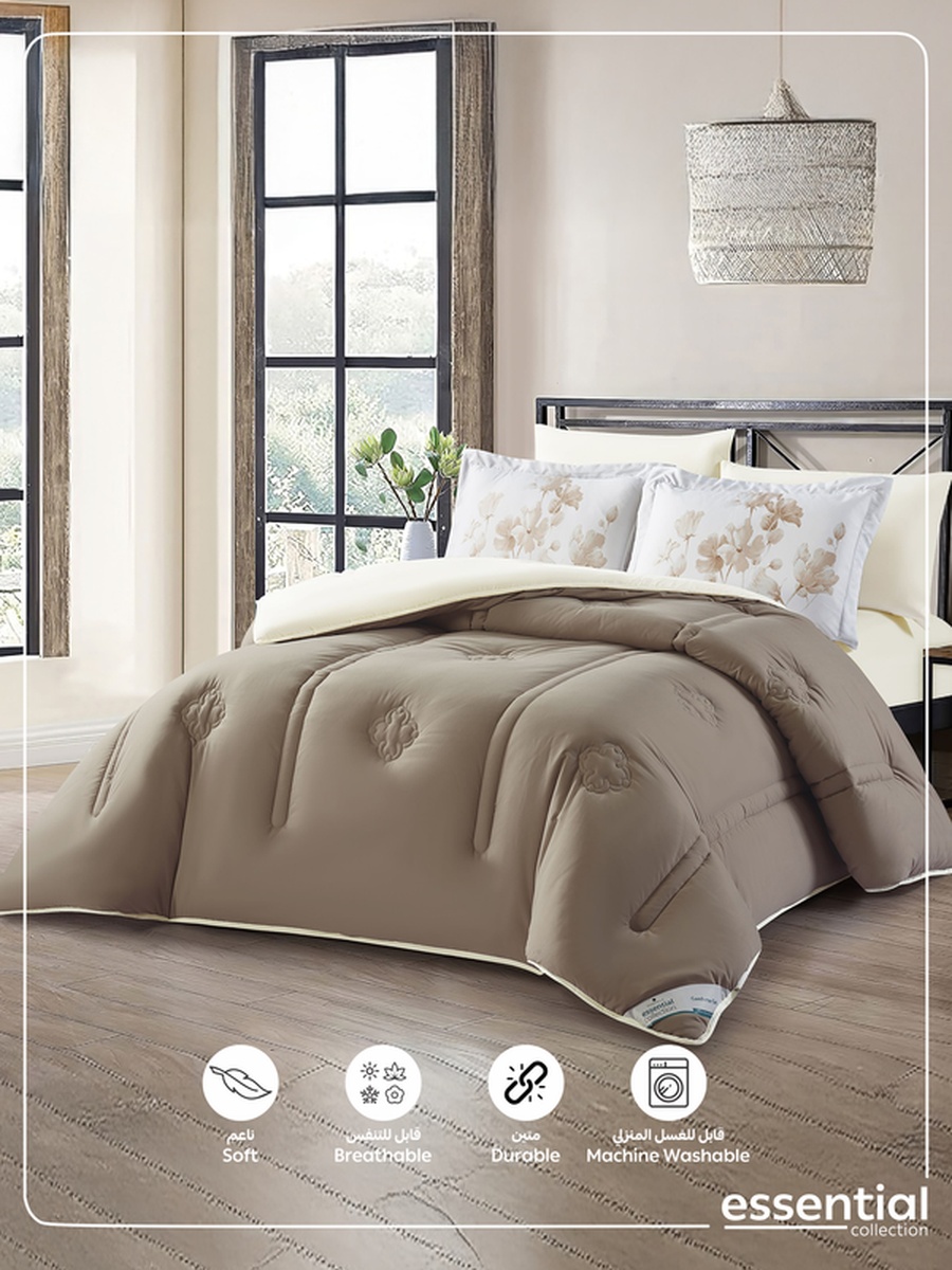 6-Piece Comforter Set -King Size 260x240 Cm, Microfiber, Digital Quilted 350 Gsm Filling, Beige