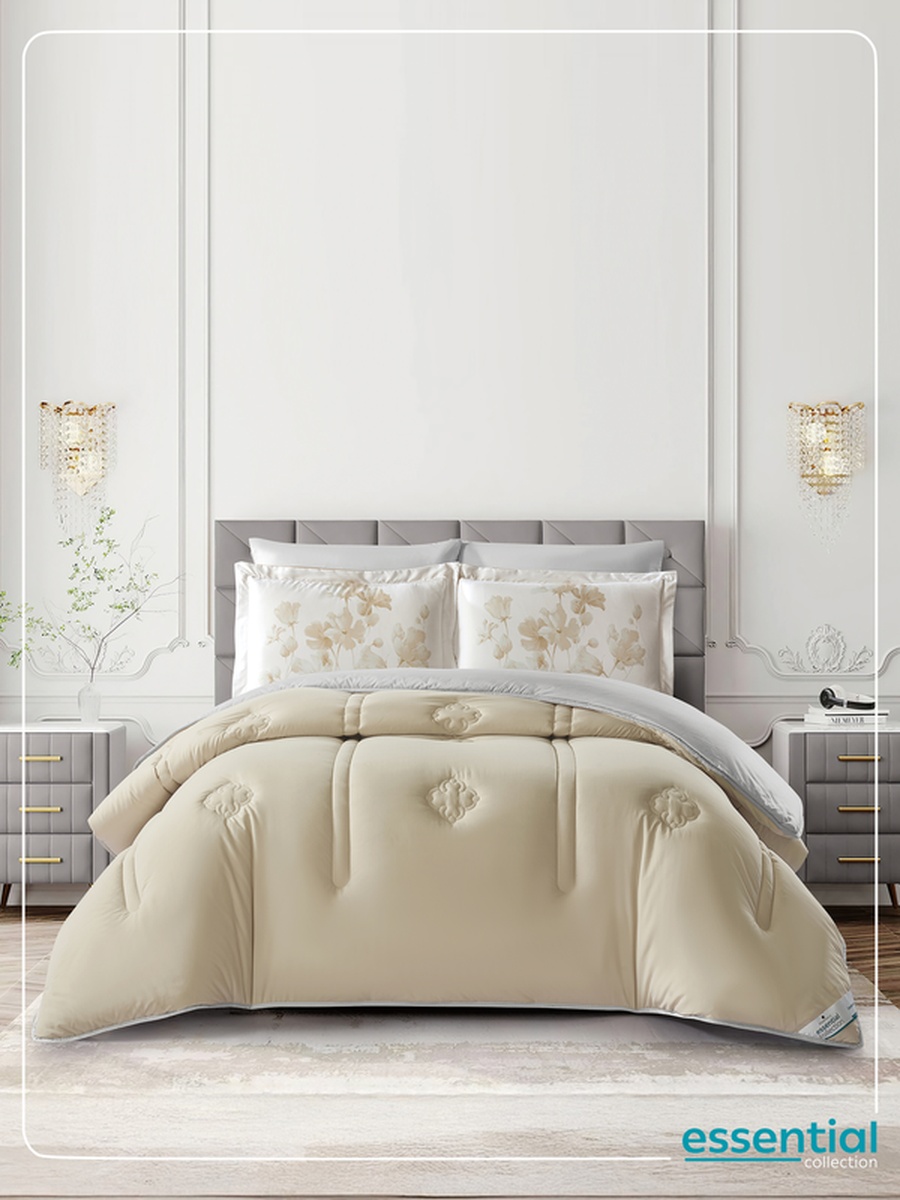 6-Piece Comforter Set -King Size 260x240 Cm, Microfiber, Digital Quilted 350 Gsm Filling, Tan
