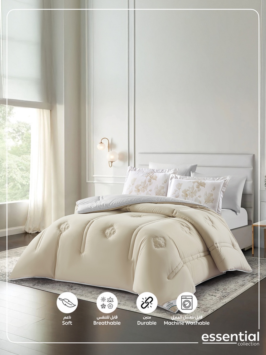 6-Piece Comforter Set -King Size 260x240 Cm, Microfiber, Digital Quilted 350 Gsm Filling, Tan