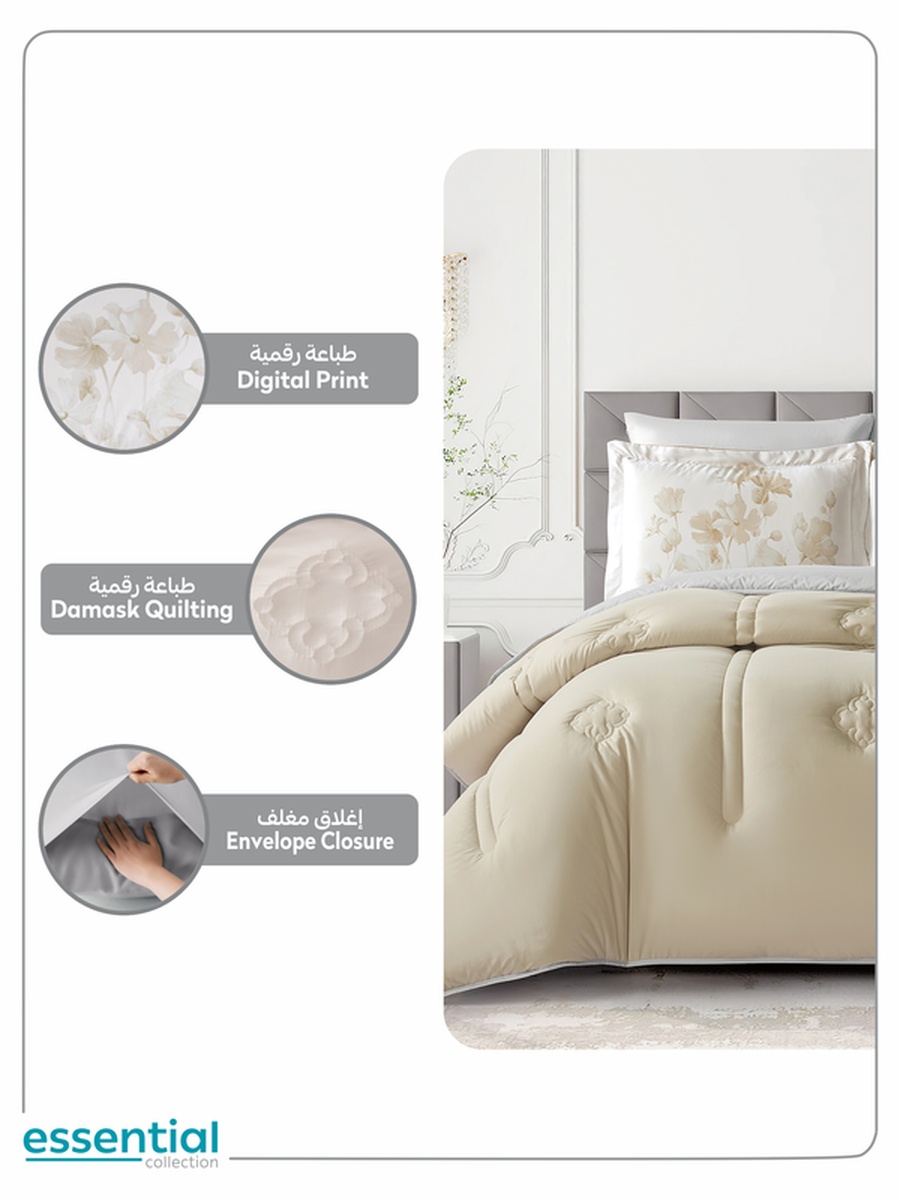 6-Piece Comforter Set -King Size 260x240 Cm, Microfiber, Digital Quilted 350 Gsm Filling, Tan