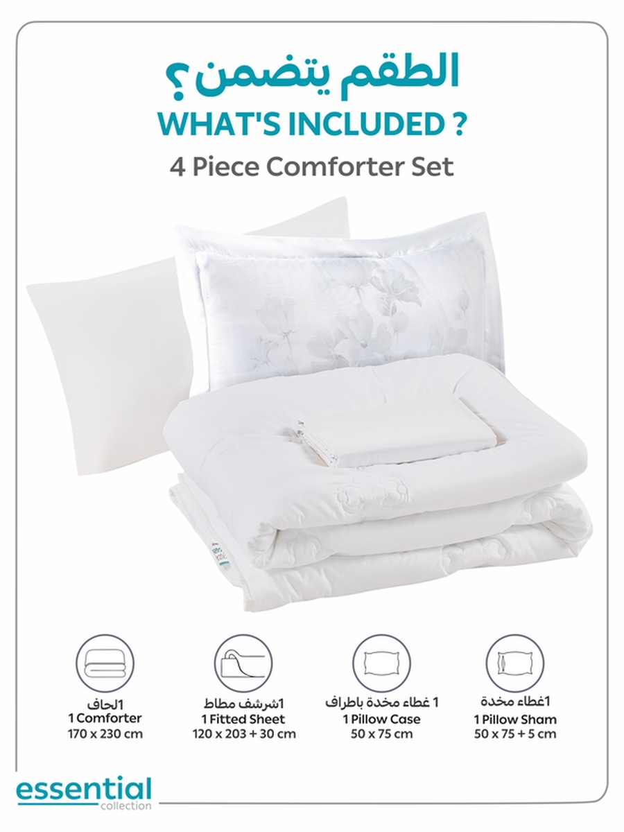 4-Piece Comforter Set -Single Size 170x230 cm, Microfiber, Digital Quilted 350 Gsm Filling, White