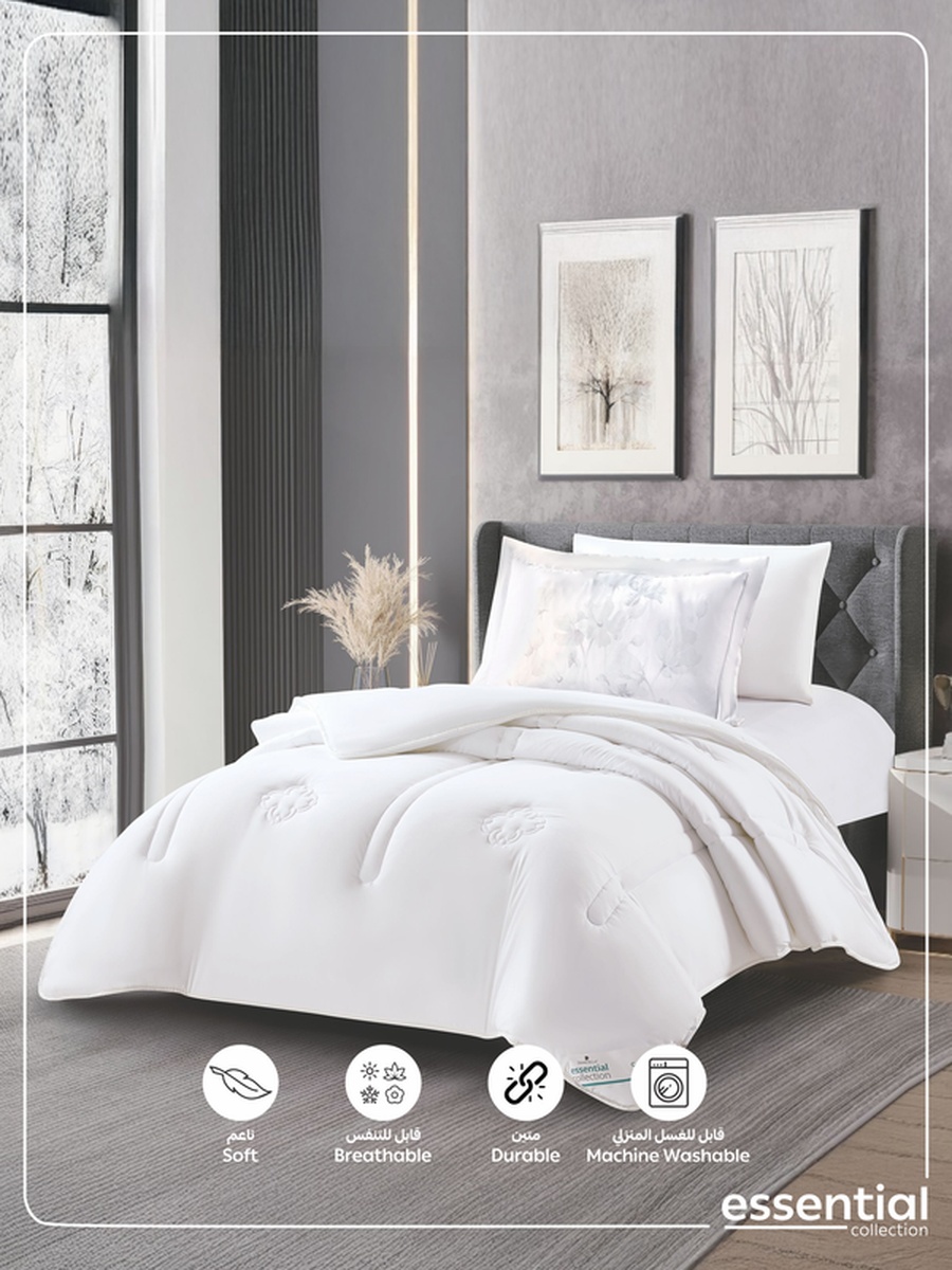 4-Piece Comforter Set -Single Size 170x230 cm, Microfiber, Digital Quilted 350 Gsm Filling, White