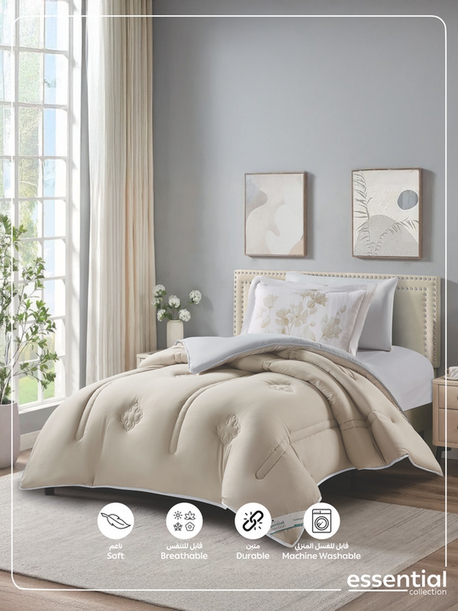 4-Piece Comforter Set -Single Size 170x230 cm, Microfiber, Digital Quilted 350 Gsm Filling, Tan