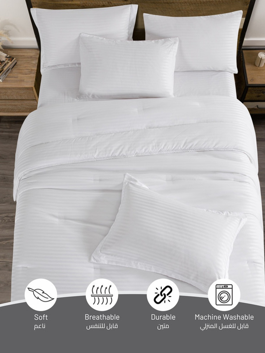 6-Piece King Size Striped Comforter 260x 240 cm With 350 GSM Filling, White