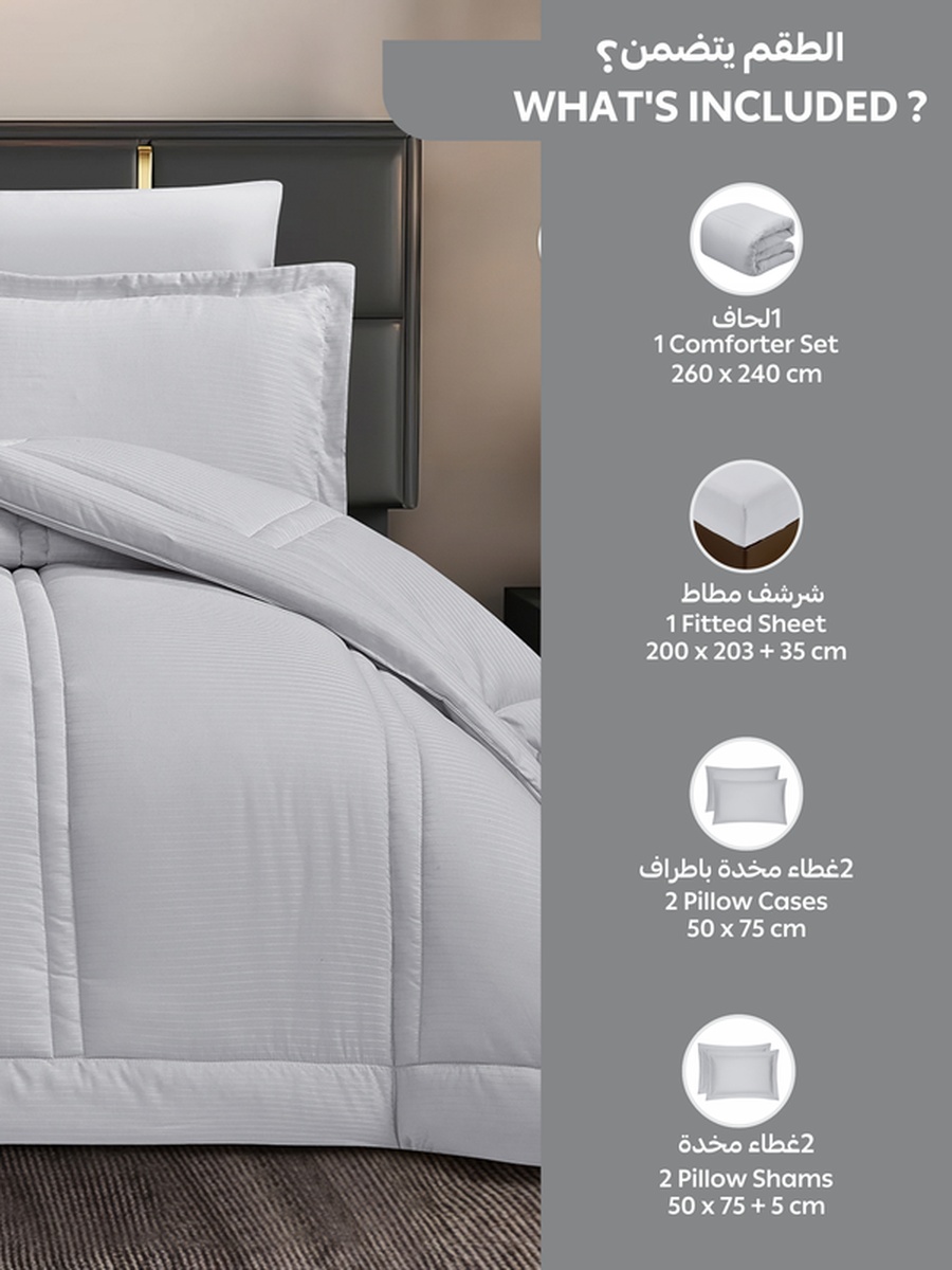 6-Piece Comforter Set King Size, 260x240 cm, Striped, Microfiber, 350 GSM, Grey