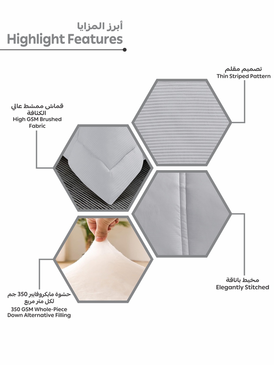 6-Piece Comforter Set King Size, 260x240 cm, Striped, Microfiber, 350 GSM, Grey