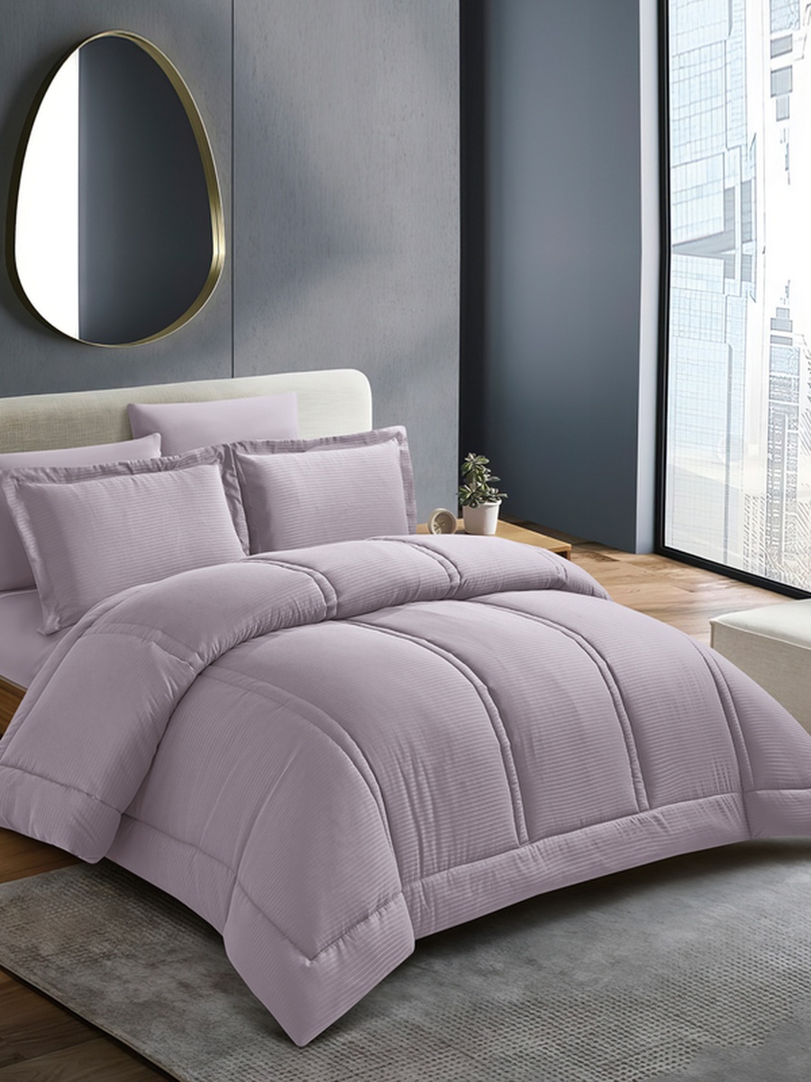 6-Piece Comforter Set King Size, 260x240 cm, Striped, Microfiber, 350 GSM, Lilac