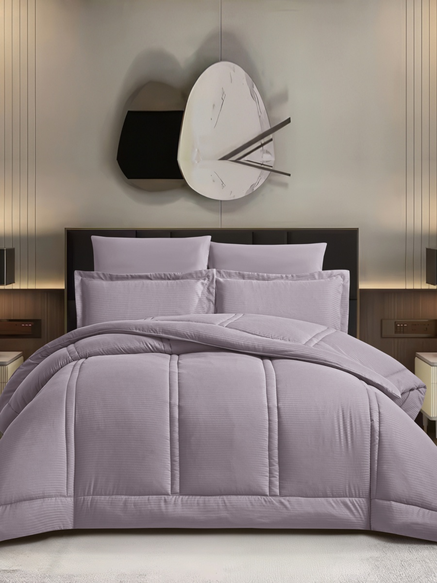 6-Piece Comforter Set King Size, 260x240 cm, Striped, Microfiber, 350 GSM, Lilac
