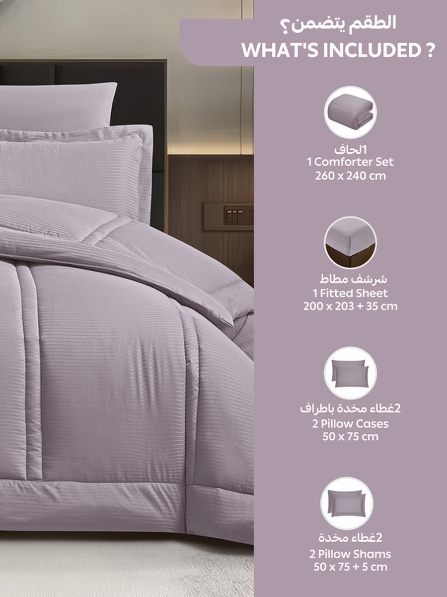 6-Piece Comforter Set King Size, 260x240 cm, Striped, Microfiber, 350 GSM, Lilac