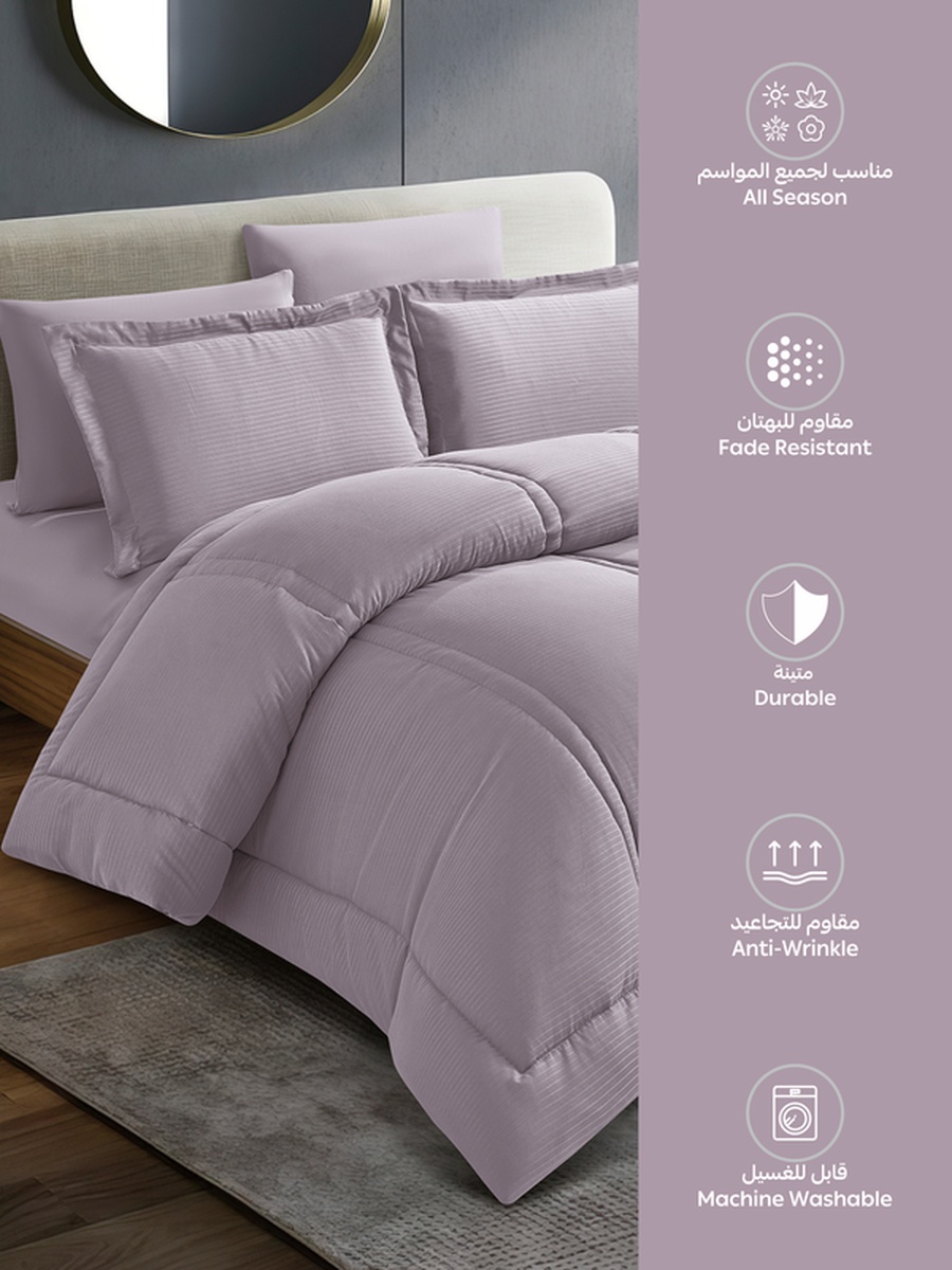 6-Piece Comforter Set King Size, 260x240 cm, Striped, Microfiber, 350 GSM, Lilac