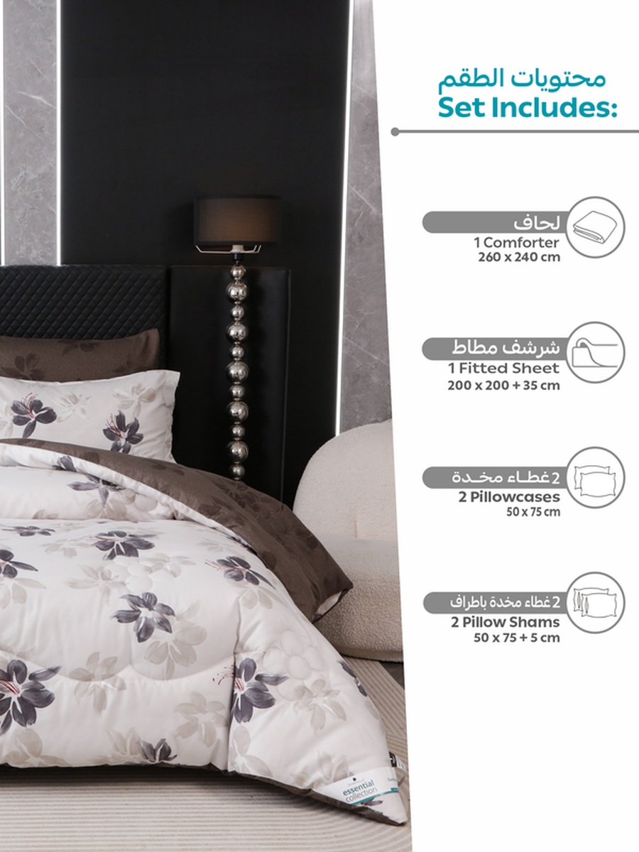 6-Piece King Comforter Set 260x240 cm, Reversible Microfiber, 350 GSM Down Alternative Fill