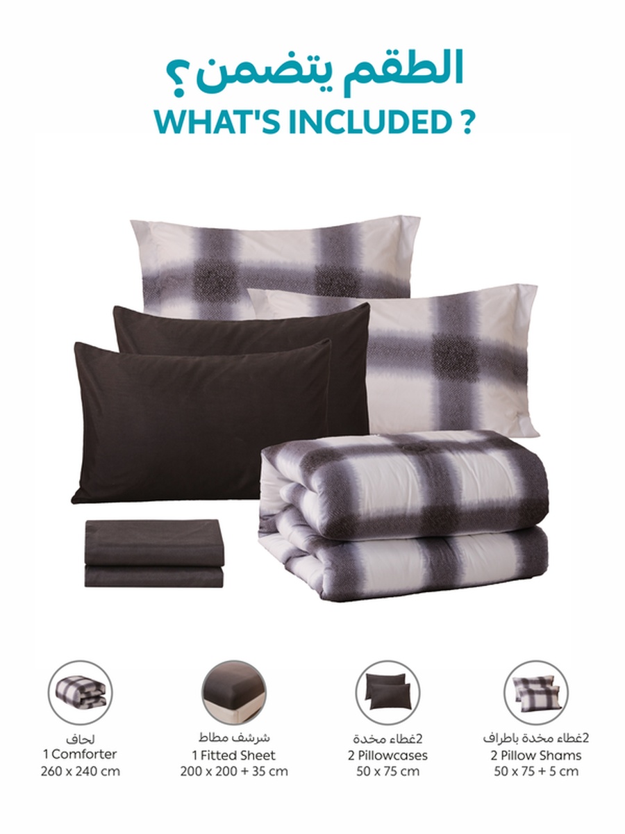 6-Piece King Comforter Set 260x240 cm, Reversible Microfiber, 350 GSM Down Alternative Fill, Grey