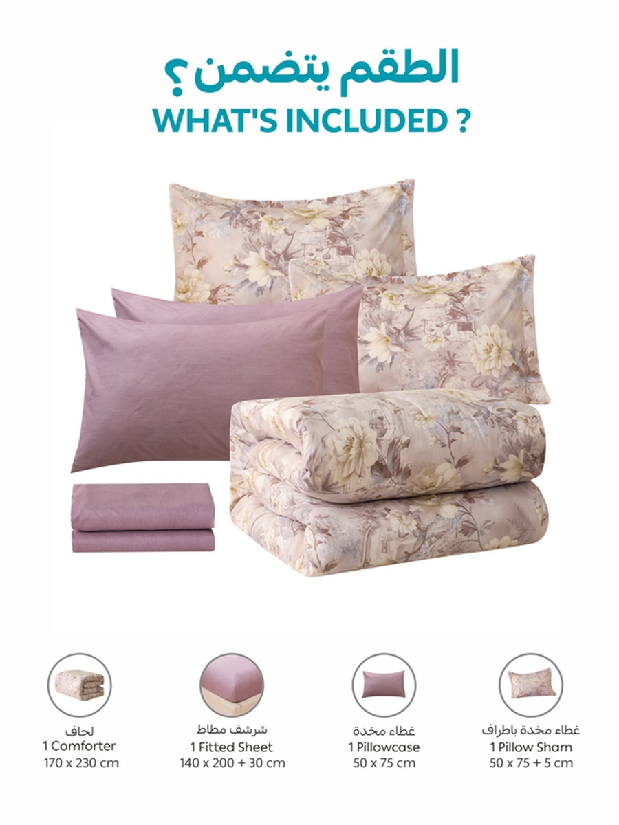 4-Piece Single Comforter Set 170x230 cm, Soft Reversible, Brushed Microfiber, 350 GSM Fill, Purple